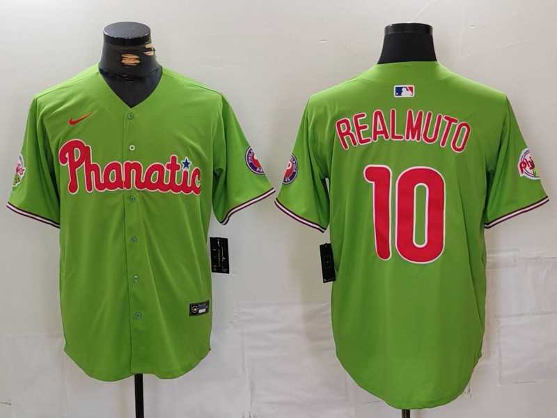 Men%27s Philadelphia Phillies #10 JT Realmuto Green With Patch Stitched Cool Base Nike Jersey->philadelphia phillies->MLB Jersey